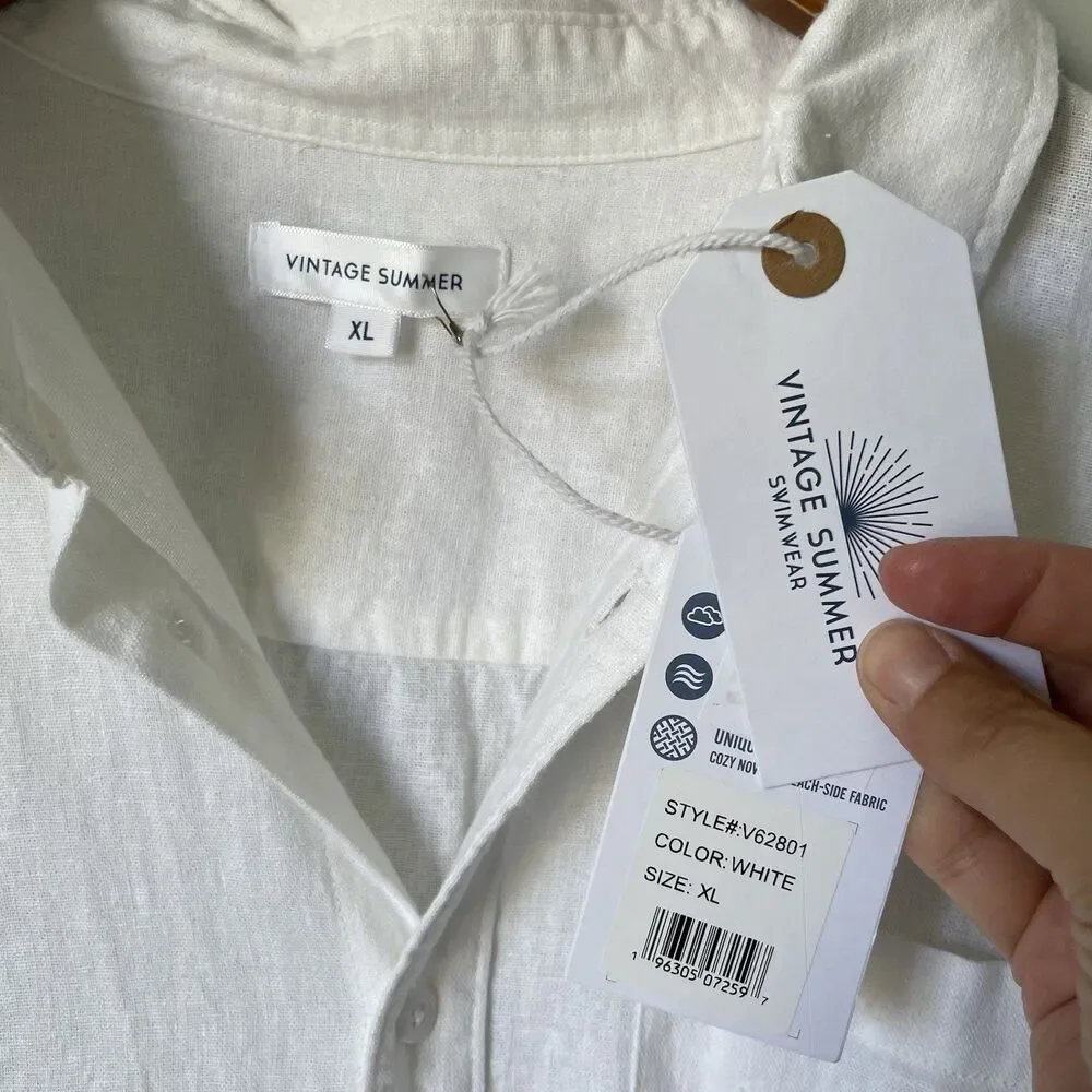 Vintage Summer Linen Blend Button Down Shirt Top Short Sleeves White Men's XL